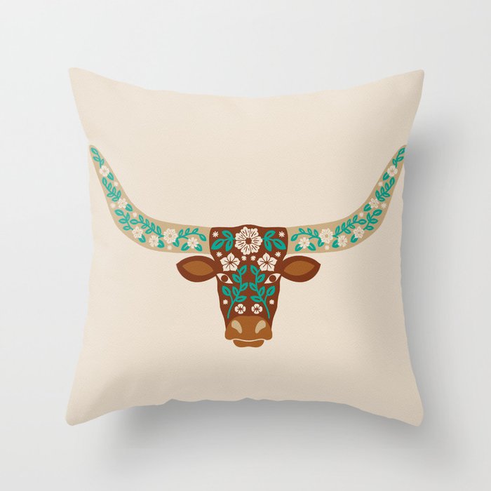 Floral Longhorn - Brown and Turquoise Throw Pillow Gallery Image 6