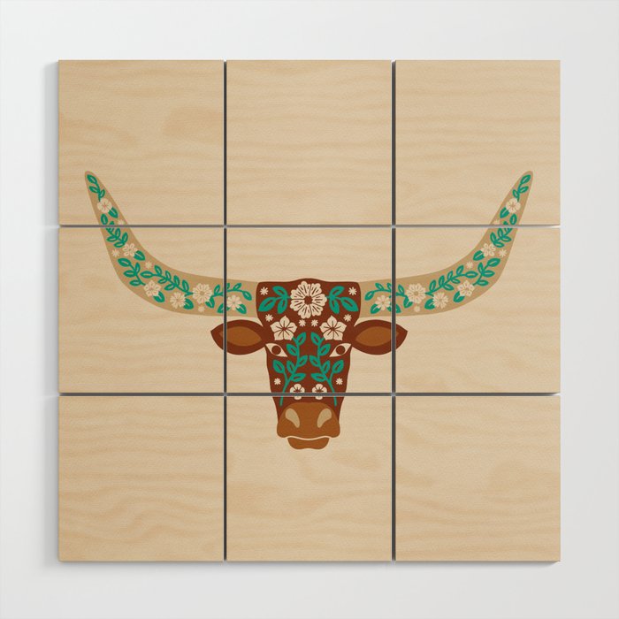 Floral Longhorn - Brown and Turquoise Wood Wall Art Gallery Image 1