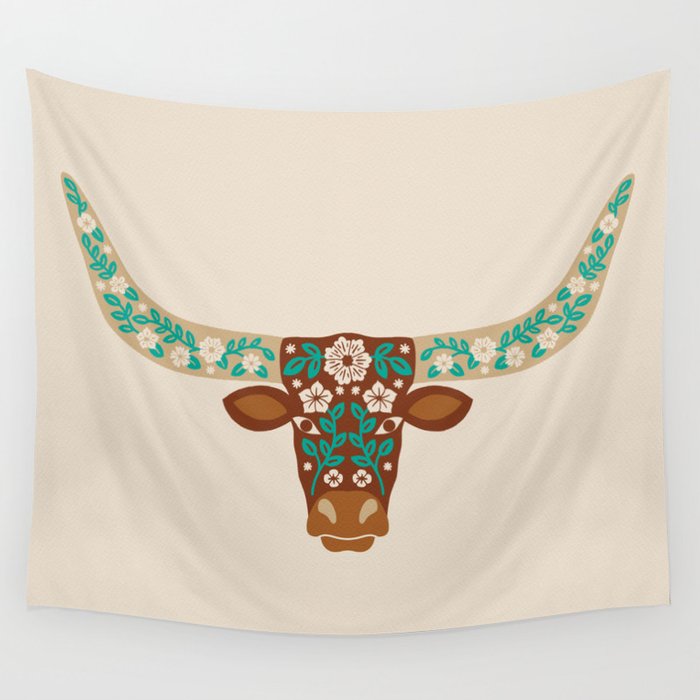 Floral Longhorn - Brown and Turquoise Wall Tapestry Gallery Image 1