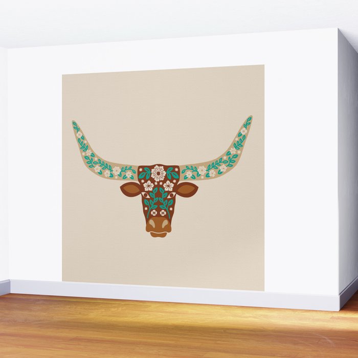 Floral Longhorn - Brown and Turquoise Wall Mural Gallery Image 2