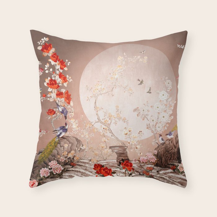 Chinoiserie Moonlight Sakura Garden Throw Pillow Gallery Image 6