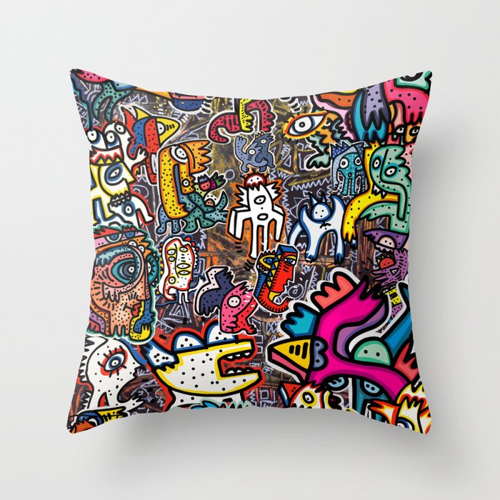 Stickers Attack Street Art Graffiti Throw Pillow Gallery Image 1