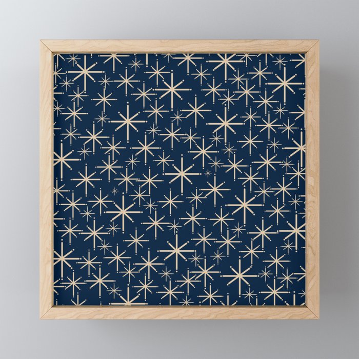 Mid Century Modern Twinkling Starburst Retro Atomic Pattern in Navy Blue and Beige  Mini Art Print Gallery Image 1