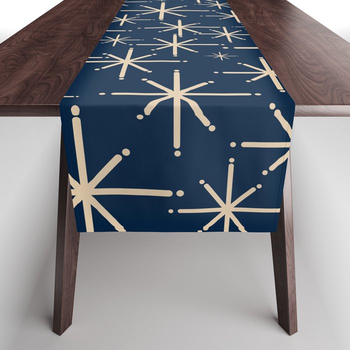Mid Century Modern Twinkling Starburst Retro Atomic Pattern in Navy Blue and Beige  Table Runner Gallery Image 1