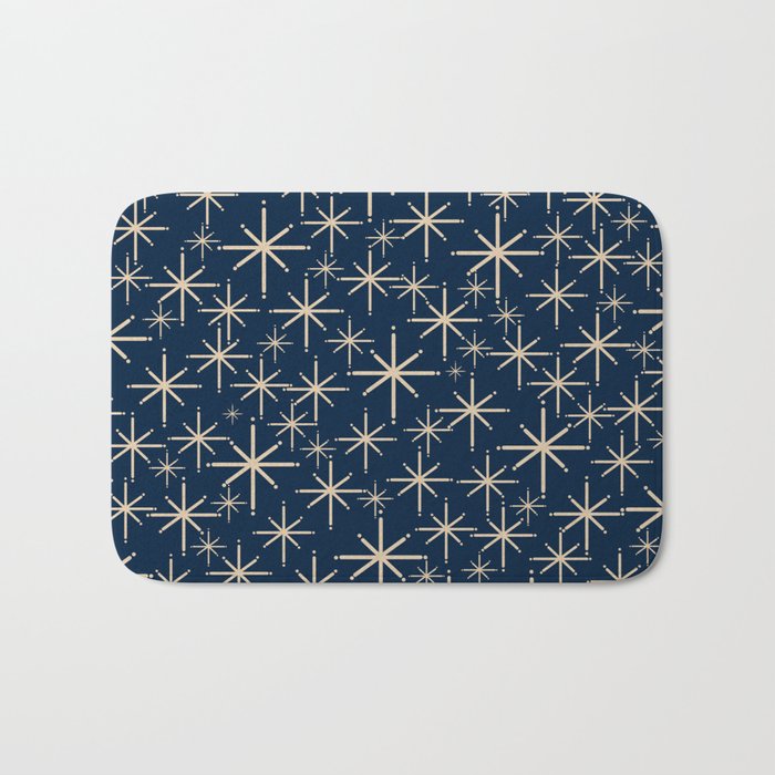 Mid Century Modern Twinkling Starburst Retro Atomic Pattern in Navy Blue and Beige  Bath Mat Gallery Image 1
