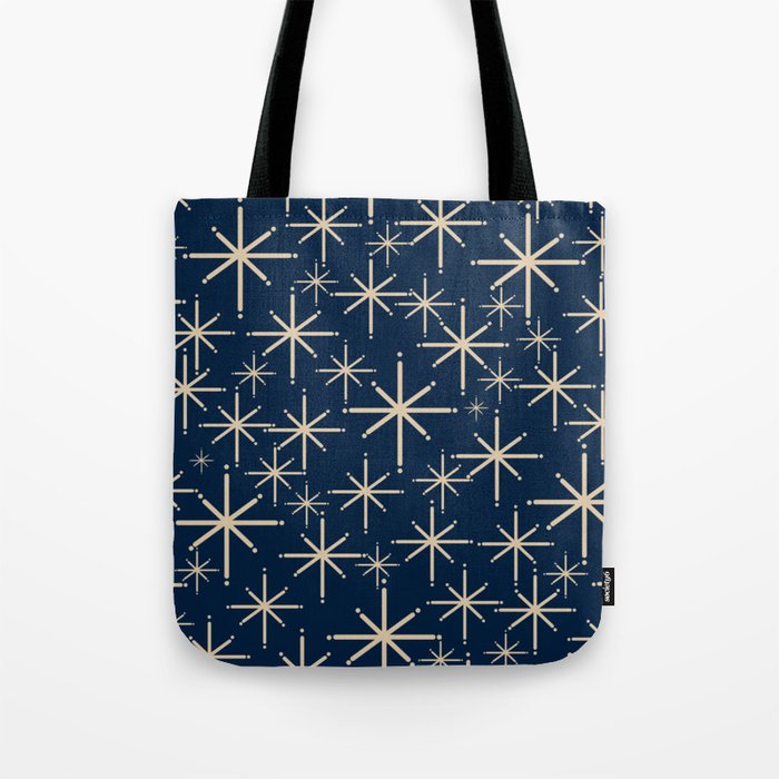 Mid Century Modern Twinkling Starburst Retro Atomic Pattern in Navy Blue and Beige  Tote Bag Gallery Image 1