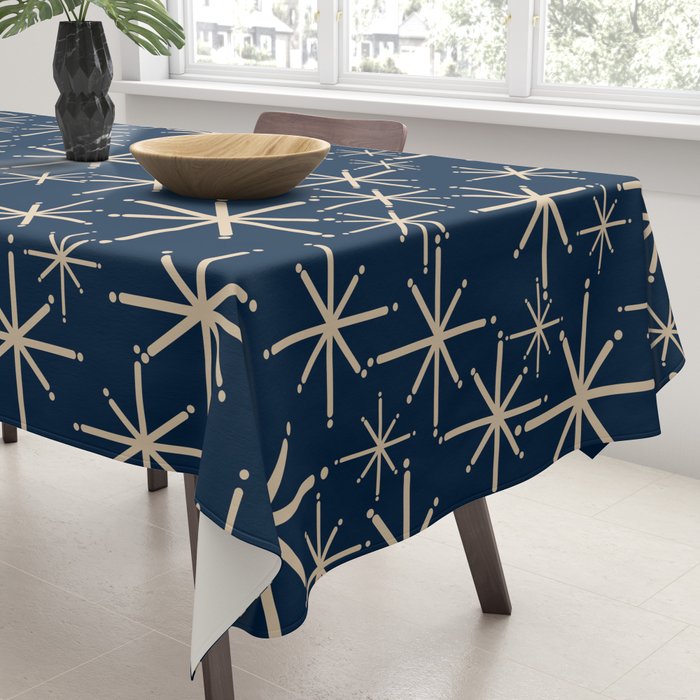 Mid Century Modern Twinkling Starburst Retro Atomic Pattern in Navy Blue and Beige  Tablecloth Gallery Image 3