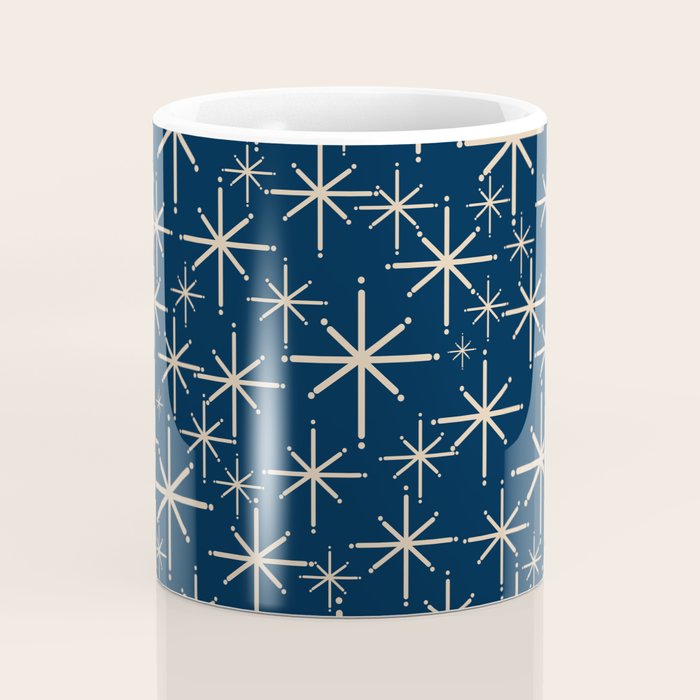 Mid Century Modern Twinkling Starburst Retro Atomic Pattern in Navy Blue and Beige  Coffee Mug Gallery Image 4