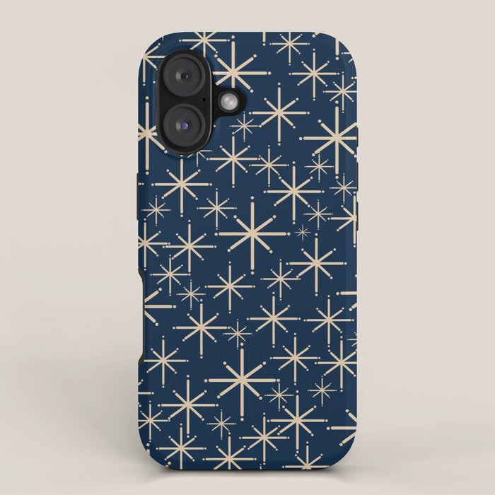 Mid Century Modern Twinkling Starburst Retro Atomic Pattern in Navy Blue and Beige  iPhone Case Gallery Image 1