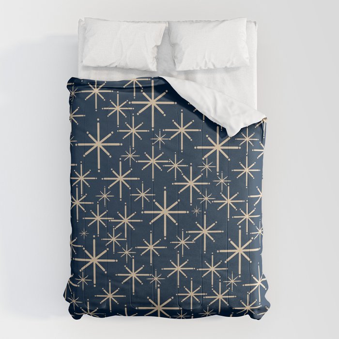 Mid Century Modern Twinkling Starburst Retro Atomic Pattern in Navy Blue and Beige  Comforter Gallery Image 6