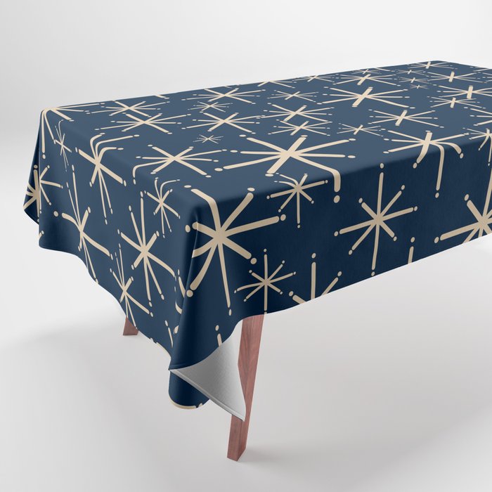 Mid Century Modern Twinkling Starburst Retro Atomic Pattern in Navy Blue and Beige  Tablecloth Gallery Image 1