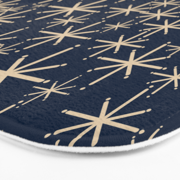 Mid Century Modern Twinkling Starburst Retro Atomic Pattern in Navy Blue and Beige  Bath Mat Gallery Image 3