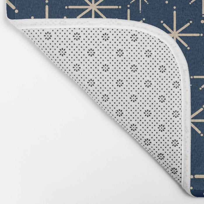 Mid Century Modern Twinkling Starburst Retro Atomic Pattern in Navy Blue and Beige  Bath Mat Gallery Image 2