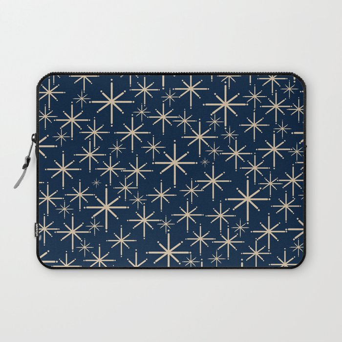 Mid Century Modern Twinkling Starburst Retro Atomic Pattern in Navy Blue and Beige  Laptop Sleeve Gallery Image 1