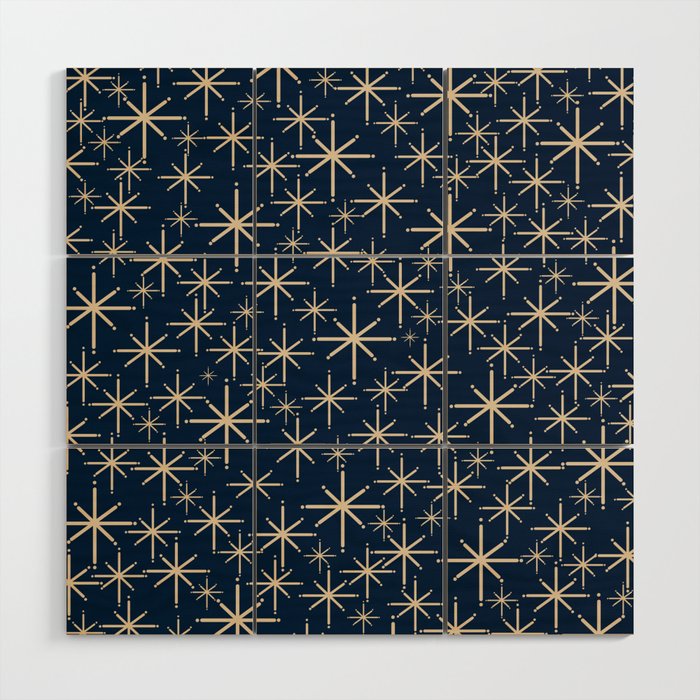 Mid Century Modern Twinkling Starburst Retro Atomic Pattern in Navy Blue and Beige  Wood Wall Art Gallery Image 1