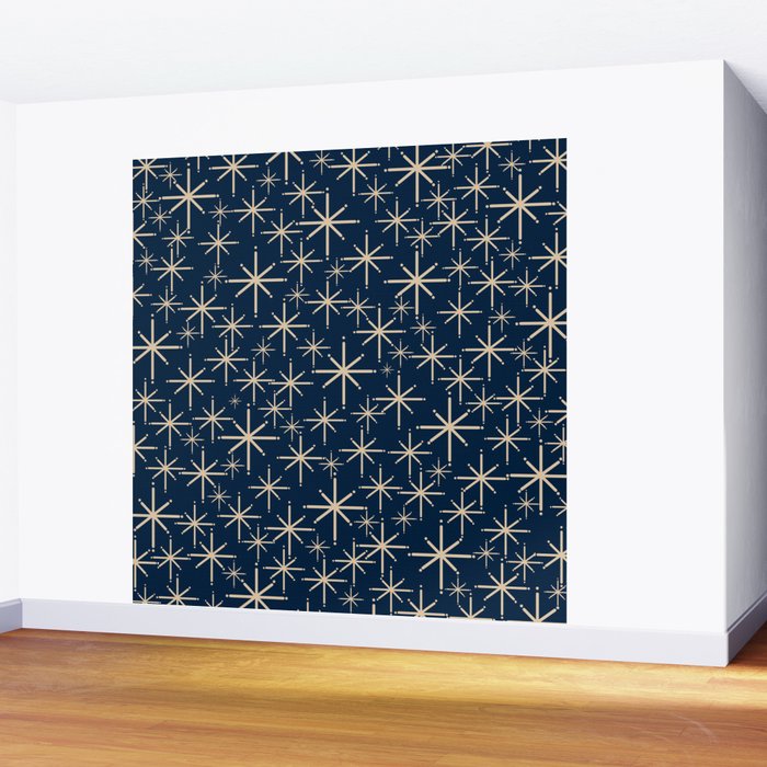 Mid Century Modern Twinkling Starburst Retro Atomic Pattern in Navy Blue and Beige  Wall Mural Gallery Image 2
