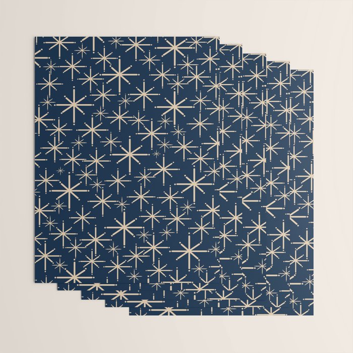 Mid Century Modern Twinkling Starburst Retro Atomic Pattern in Navy Blue and Beige  Wrapping Paper Gallery Image 3
