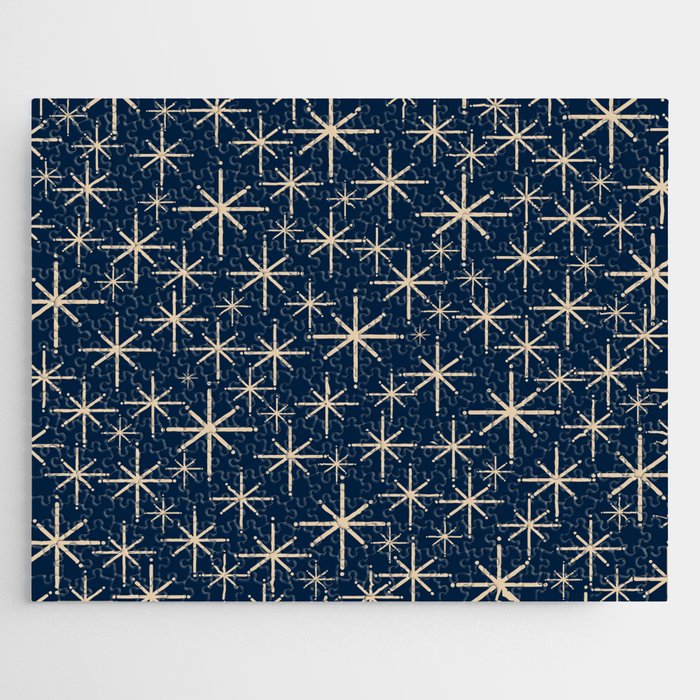 Mid Century Modern Twinkling Starburst Retro Atomic Pattern in Navy Blue and Beige  Jigsaw Puzzle Gallery Image 1