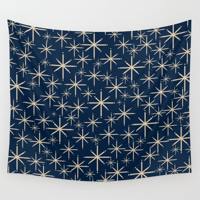 Mid Century Modern Twinkling Starburst Retro Atomic Pattern in Navy Blue and Beige  Wall Tapestry Gallery Image 1