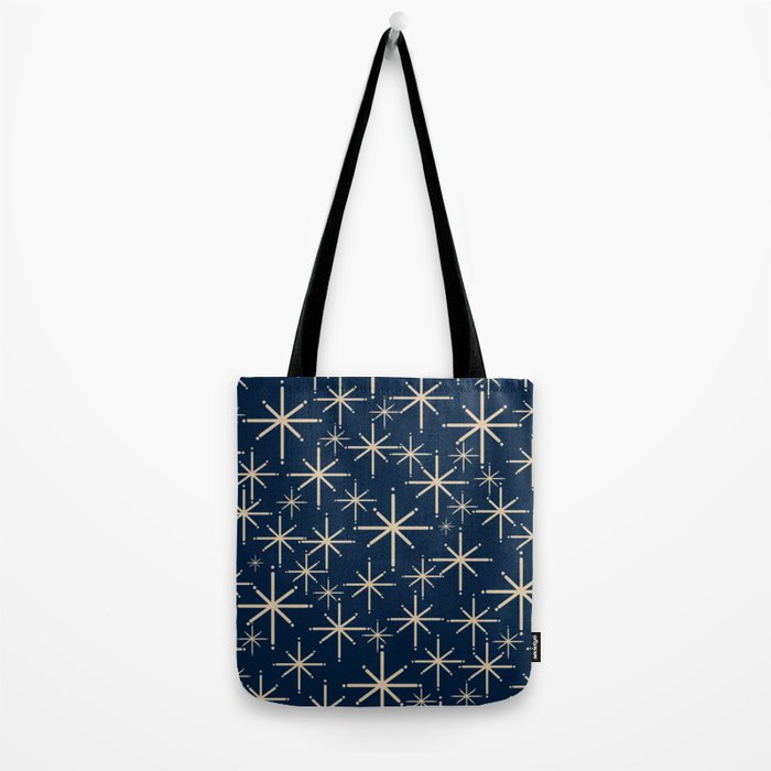 Mid Century Modern Twinkling Starburst Retro Atomic Pattern in Navy Blue and Beige  Tote Bag Gallery Image 2