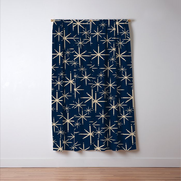 Mid Century Modern Twinkling Starburst Retro Atomic Pattern in Navy Blue and Beige  Window Curtain Gallery Image 3
