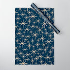 Mid Century Modern Twinkling Starburst Retro Atomic Pattern in Navy Blue and Beige  Wrapping Paper Gallery Image 1