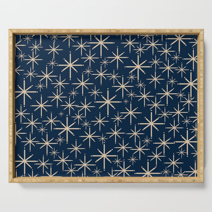 Mid Century Modern Twinkling Starburst Retro Atomic Pattern in Navy Blue and Beige  Serving Tray Gallery Image 1