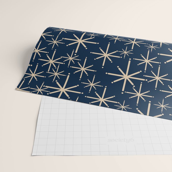 Mid Century Modern Twinkling Starburst Retro Atomic Pattern in Navy Blue and Beige  Wrapping Paper Gallery Image 2