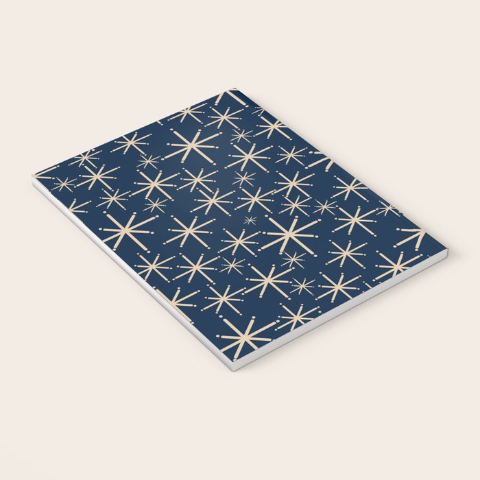 Mid Century Modern Twinkling Starburst Retro Atomic Pattern in Navy Blue and Beige  Notebook Gallery Image 3