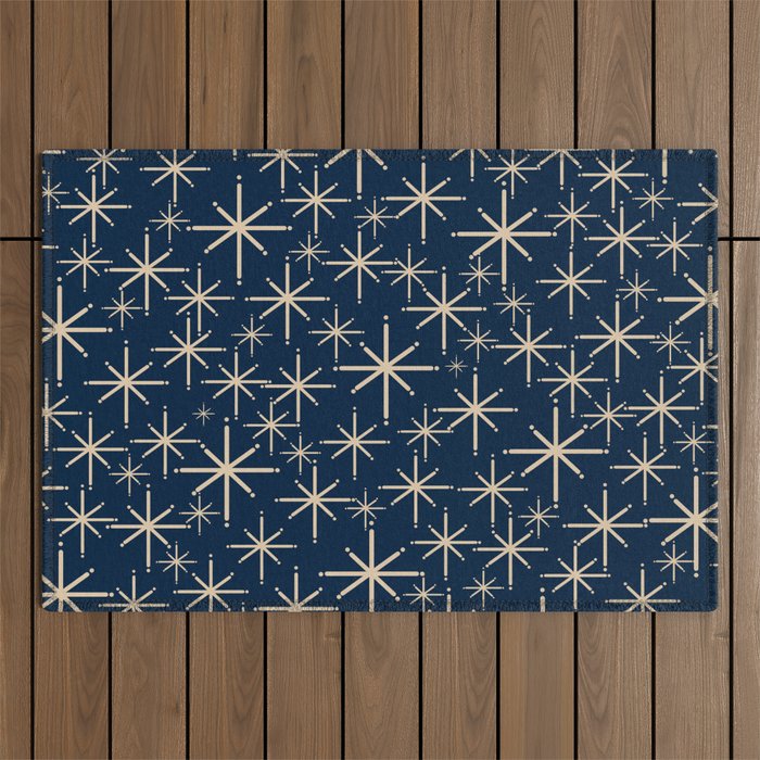 Mid Century Modern Twinkling Starburst Retro Atomic Pattern in Navy Blue and Beige  Outdoor Rug Gallery Image 1