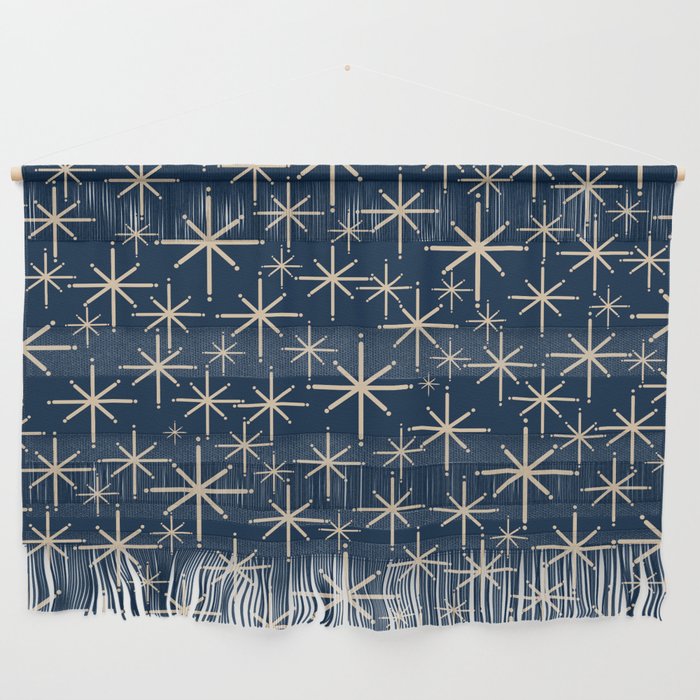 Mid Century Modern Twinkling Starburst Retro Atomic Pattern in Navy Blue and Beige  Wall Hanging Gallery Image 1
