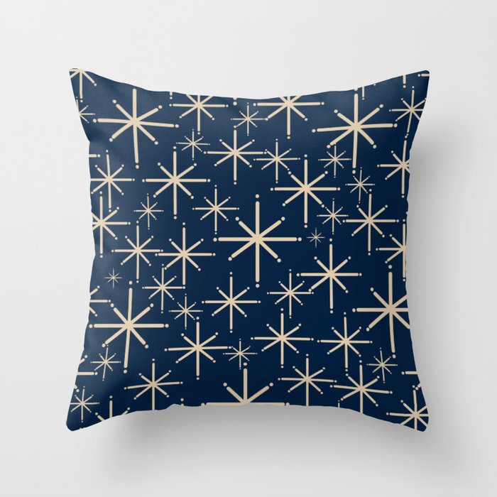 Mid Century Modern Twinkling Starburst Retro Atomic Pattern in Navy Blue and Beige  Throw Pillow Gallery Image 1