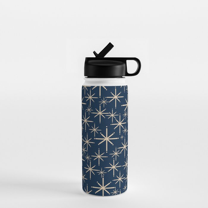 Mid Century Modern Twinkling Starburst Retro Atomic Pattern in Navy Blue and Beige  Water Bottle Gallery Image 1