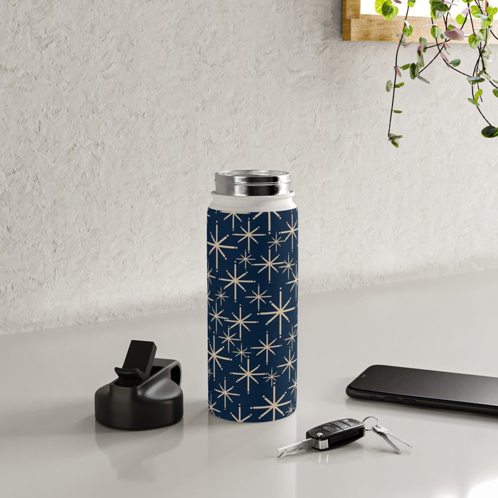 Mid Century Modern Twinkling Starburst Retro Atomic Pattern in Navy Blue and Beige  Water Bottle Gallery Image 4