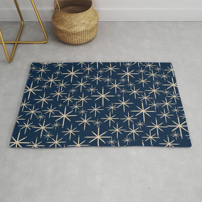 Mid Century Modern Twinkling Starburst Retro Atomic Pattern in Navy Blue and Beige  Rug Gallery Image 1