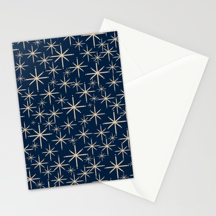 Mid Century Modern Twinkling Starburst Retro Atomic Pattern in Navy Blue and Beige  Stationery Card Gallery Image 2