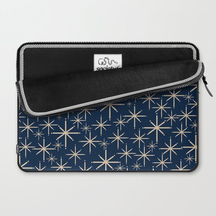 Mid Century Modern Twinkling Starburst Retro Atomic Pattern in Navy Blue and Beige  Laptop Sleeve Gallery Image 2