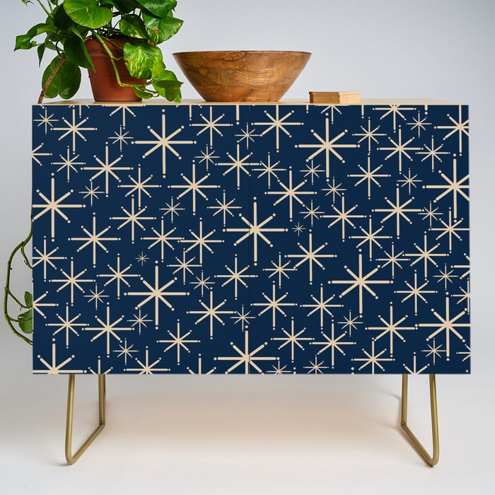 Mid Century Modern Twinkling Starburst Retro Atomic Pattern in Navy Blue and Beige  Credenza Gallery Image 1