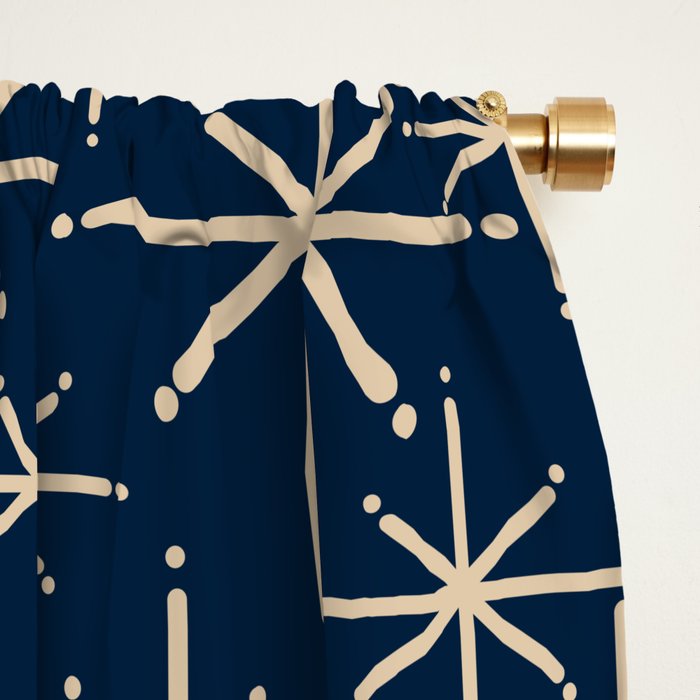Mid Century Modern Twinkling Starburst Retro Atomic Pattern in Navy Blue and Beige  Window Curtain Gallery Image 2