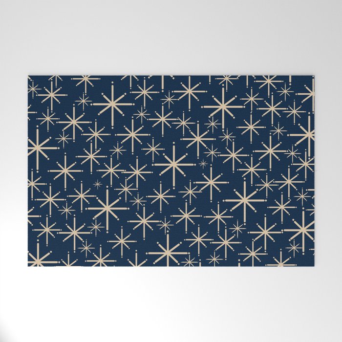 Mid Century Modern Twinkling Starburst Retro Atomic Pattern in Navy Blue and Beige  Welcome Mat Gallery Image 1