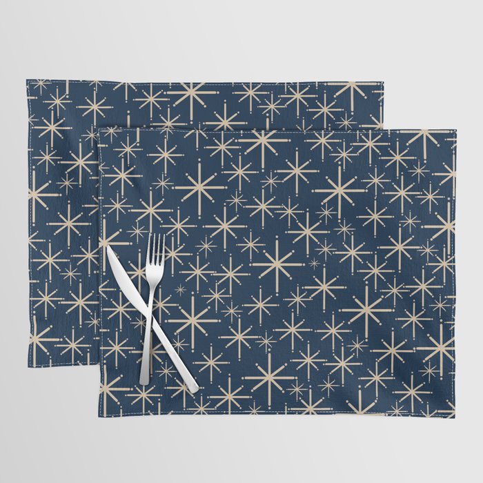 Mid Century Modern Twinkling Starburst Retro Atomic Pattern in Navy Blue and Beige  Placemat Gallery Image 1