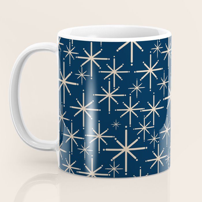 Mid Century Modern Twinkling Starburst Retro Atomic Pattern in Navy Blue and Beige  Coffee Mug Gallery Image 3