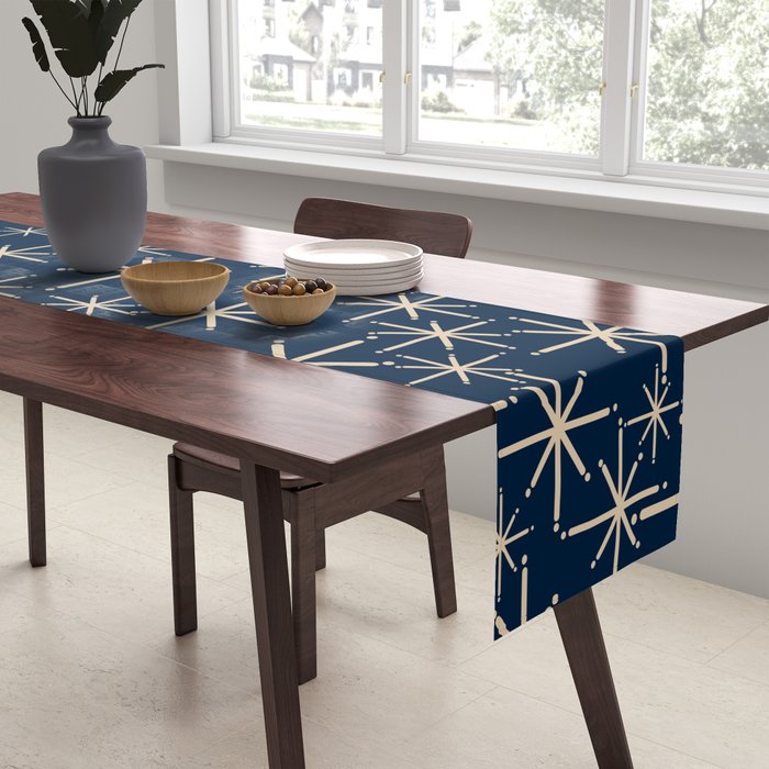 Mid Century Modern Twinkling Starburst Retro Atomic Pattern in Navy Blue and Beige  Table Runner Gallery Image 2