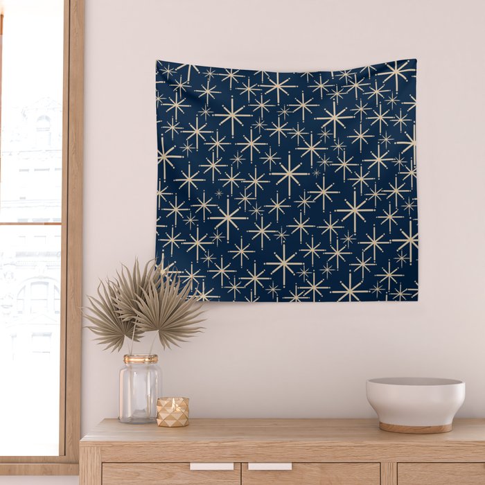 Mid Century Modern Twinkling Starburst Retro Atomic Pattern in Navy Blue and Beige  Wall Tapestry Gallery Image 2