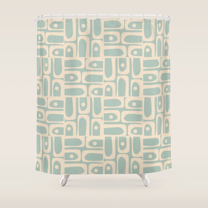 Mid Century Modern Piquet Multi Geometric Pattern in Light Celadon Teal Shower Curtain Gallery Image 1