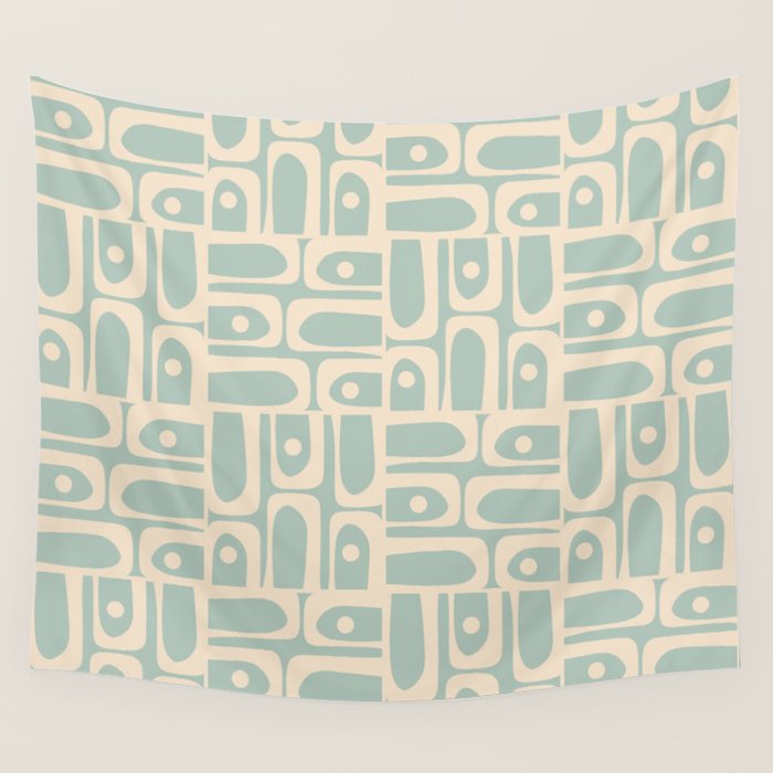 Mid Century Modern Piquet Multi Geometric Pattern in Light Celadon Teal Wall Tapestry Gallery Image 1
