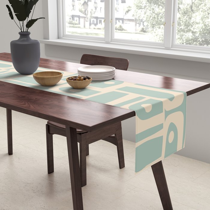 Mid Century Modern Piquet Multi Geometric Pattern in Light Celadon Teal Table Runner Gallery Image 2