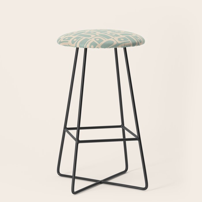 Mid Century Modern Piquet Multi Geometric Pattern in Light Celadon Teal Stool Gallery Image 1