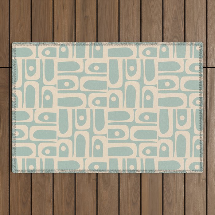 Mid Century Modern Piquet Multi Geometric Pattern in Light Celadon Teal Outdoor Rug Gallery Image 1