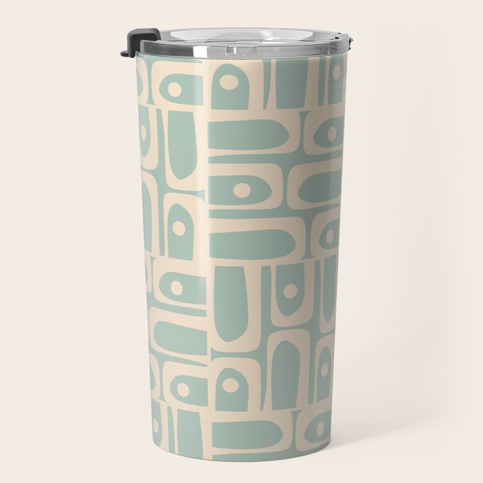 Mid Century Modern Piquet Multi Geometric Pattern in Light Celadon Teal Travel Mug Gallery Image 3